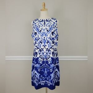 LAUREN RALPH LAUREN Blue White Print Crew Neck Sleeveless Dress